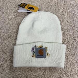 Hand Embroidered Carhartt Beanie White Floral Design Adult NWT
